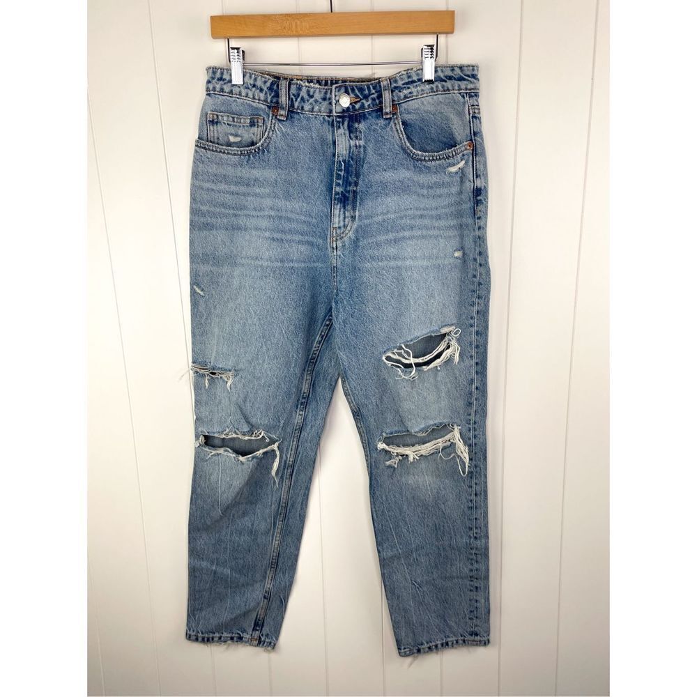 ZARA Womens Jeans Blue Denim Classic Mom Fit Distressed Straight Leg Size 12